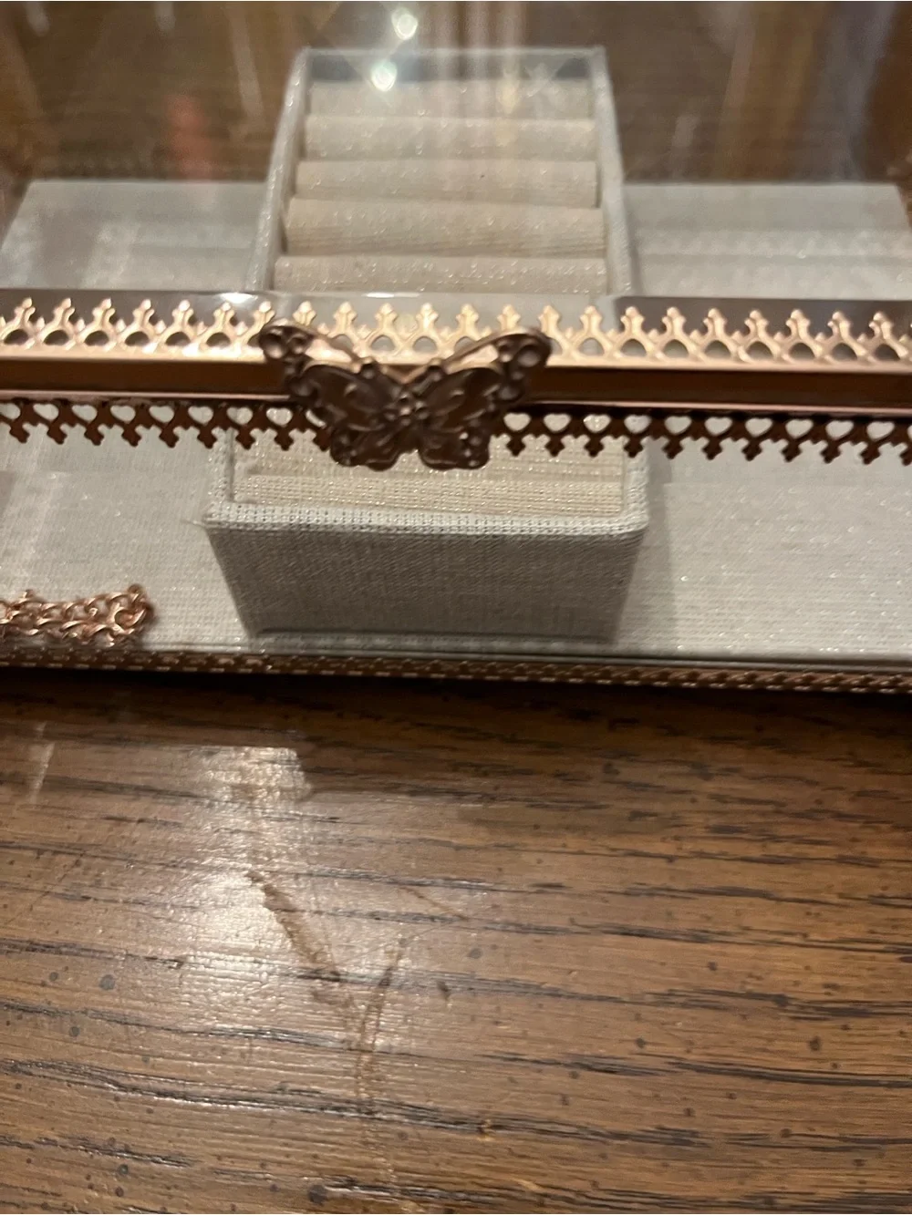 Rachel Ashwell Glass Jewelry Display Box with Rose Gold Trim and Gray Lining